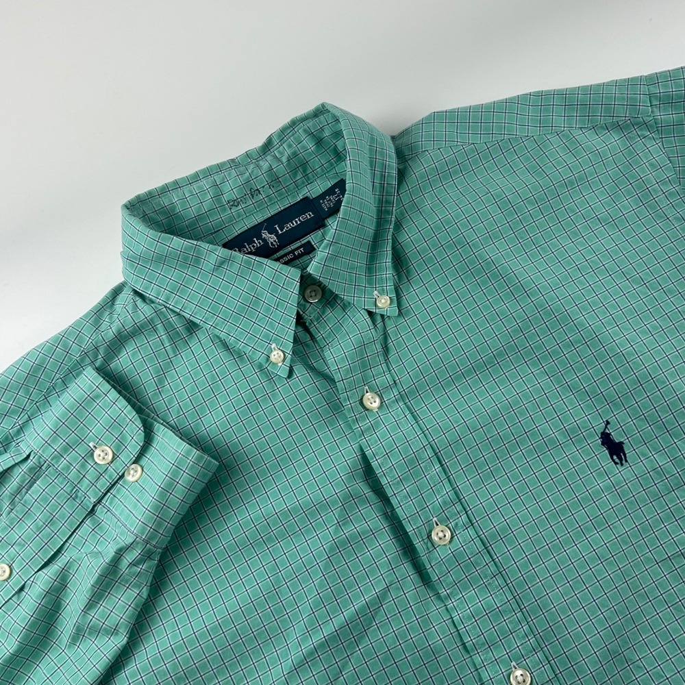 Ralph Lauren Classic Fit Mens 17 34/35 (XL) Green Blue Grid Check Cotton Shirt